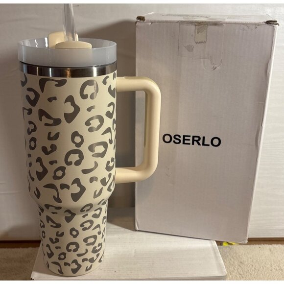 Leopard Print Stainless Steel Insulated Tumbler 40oz With Handle & Straw 10.25" - Picture 2 of 13